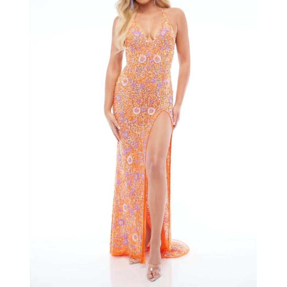 NEW JASZ COUTURE v-neck floral beaded gown in orange